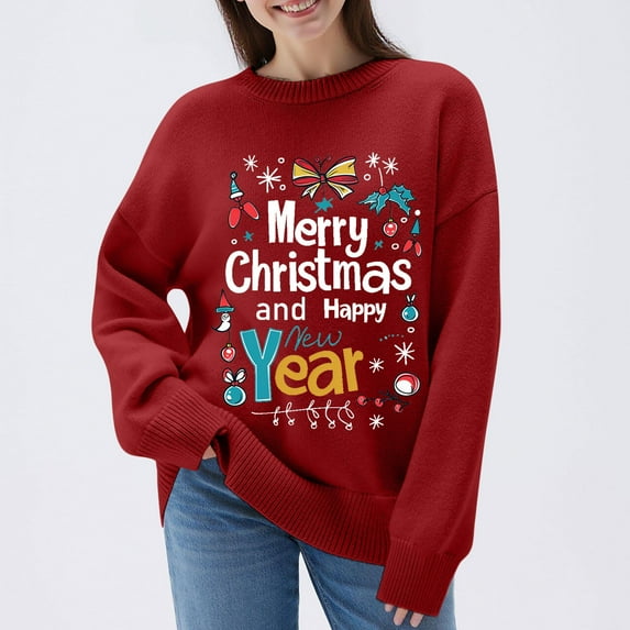 Xdegoge Merry Christmas Sweater for Women Happy New Year Festive Knit Holiday Pullover Sweaters Letter Print, Cozy Crewneck Long Sleeve Tops Winter Xmas Family Party Clothes
