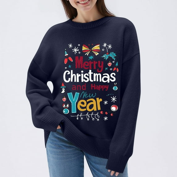 Xdegoge Merry Christmas Sweater for Women Happy New Year Festive Knit Holiday Pullover Sweaters Letter Print, Cozy Crewneck Long Sleeve Tops Winter Xmas Family Party Clothes