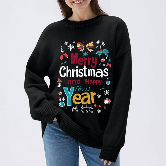 Xdegoge Merry Christmas Sweater for Women Happy New Year Festive Knit Holiday Pullover Sweaters Letter Print, Cozy Crewneck Long Sleeve Tops Winter Xmas Family Party Clothes