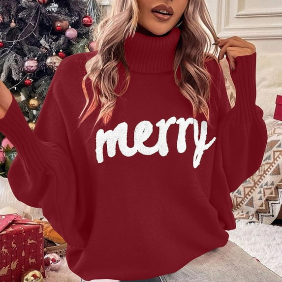Xdegoge Merry Christmas Sweater for Women Turtleneck Long Sleeve Oversized Holiday Sweaters