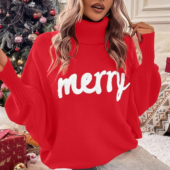 Xdegoge Merry Christmas Sweater for Women Turtleneck Long Sleeve Oversized Holiday Sweaters