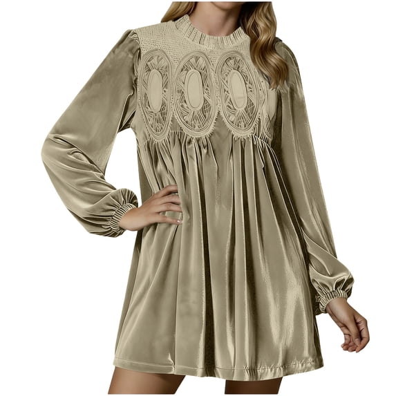 Xdegoge Midi Dress for Women, Long Sleeve Crew Neck Embroidered Panel Puff Sleeve Loose Fit Dresses, Holiday Party Festive Wear