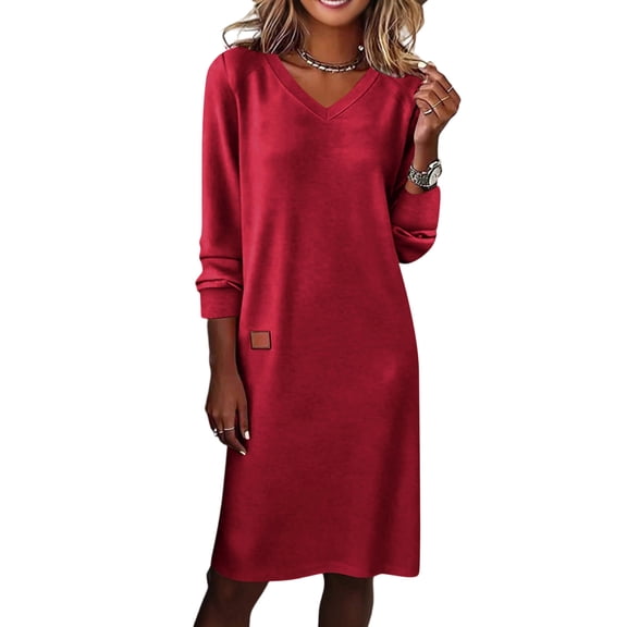 Xdegoge Midi Dress for Women, V Neck Long Sleeve Loose Fit Dresses with Pocket, Comfortable Casual Everyday Wear Fall