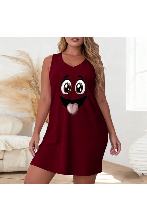 Mini Dresses for Women Relaxed Fit V Neck Slip Dress Sleeveless Shift Dress Basic Style Smile Face Print Casual Summer Daily Sleepwear