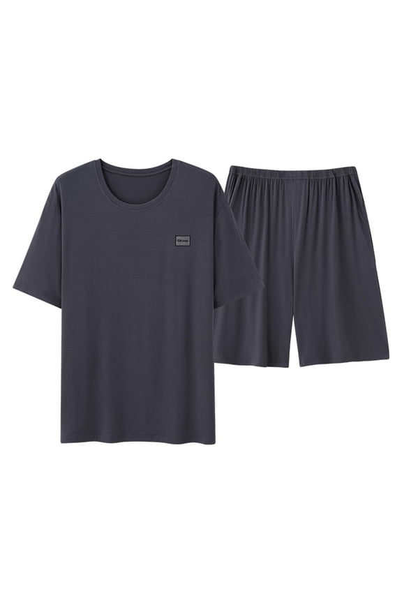 Modal Pajama Set for Men Crewneck Short Sleeve Matching Sets Top and Shorts Casual Solid Drawstring Lounge Comfortable Loose Soft Loungewear