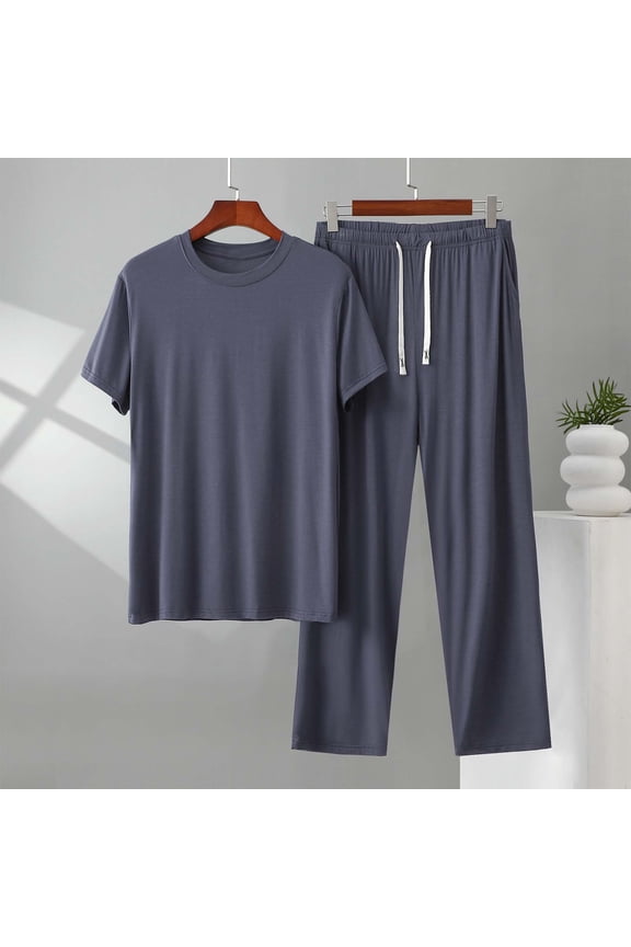 Modal Pajama Sets for Men 2 Piece Crewneck Short Sleeve Matching Set Tops and Straight Leg Pants Casual Drawstring Comfortable Soft Solid Sleepwear