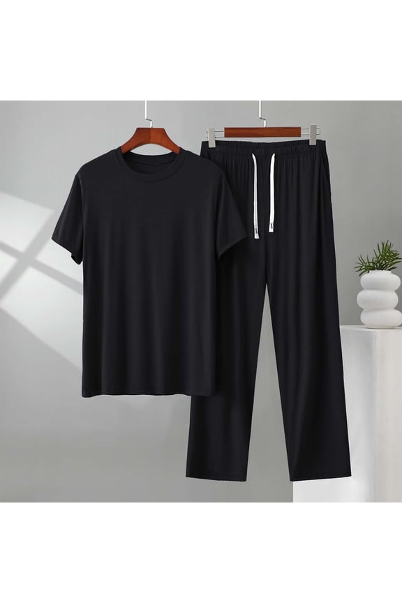 Modal Pajama Sets for Men 2 Piece Crewneck Short Sleeve Matching Set Tops and Straight Leg Pants Casual Drawstring Comfortable Soft Solid Sleepwear