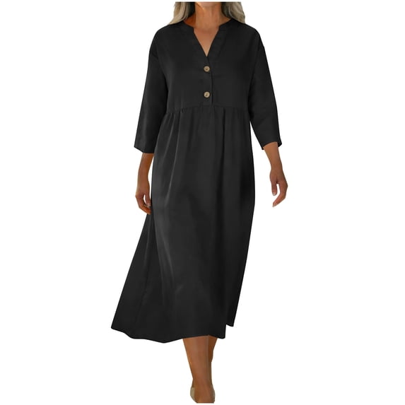 Xdegoge Modest Dresses for Women Relaxed Fit 3/4 Sleeve V-Neck Henley Button Front Midi Dresses Solid Color Flowy Fit Flare Casual Spring Fall Outfits