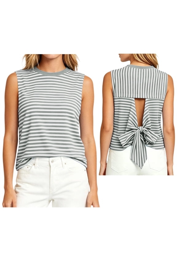 Muscle Tank Women Striped Print Back Cutout Tie Bow Knot Crewneck Sleeveless Summer Blouse Casual Marine Nautical Stripe Pattern Ribbon Keyhole Flattering Top
