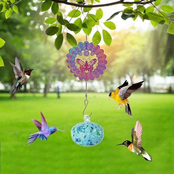 Xdegoge New Charming Wind Chimes Hummingbird Feeders,Outdoors Hanging Ant and Bee Proof ,Glass Wind Chime Hummingbird Feeder, Garden Decoration for Window Garden Patio Multicolor