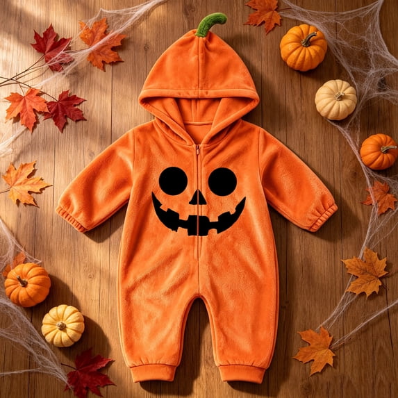 Xdegoge Newborn Infant Baby Halloween Pumpkin Romper Hooded Fleece Jumpsuit Winking Face Cute Fall Winter Warm Outfit for Boys Girls