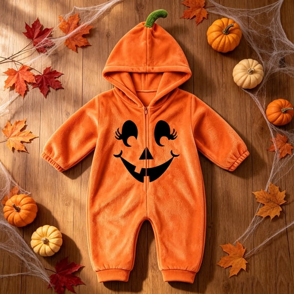 Xdegoge Newborn Infant Baby Halloween Pumpkin Romper Hooded Fleece Jumpsuit Winking Face Cute Fall Winter Warm Outfit for Boys Girls