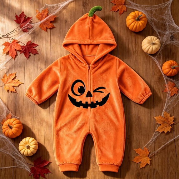 Xdegoge Newborn Infant Baby Halloween Pumpkin Romper Hooded Fleece Jumpsuit Winking Face Cute Fall Winter Warm Outfit for Boys Girls