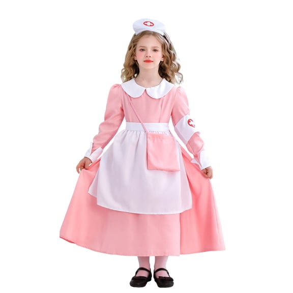Xdegoge Nurse Costume Dress for Girls with Hat and Cross Patch Halloween Role Play Uniform Kids Medical Themed Outfit