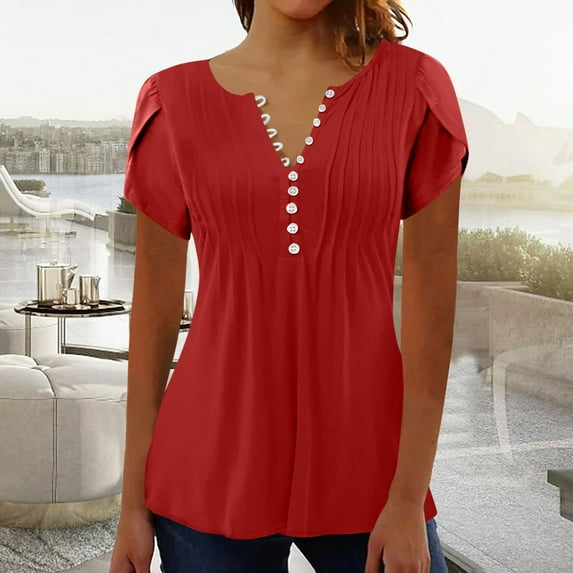 Xdegoge Ofertas De Hoy En Walmart Summer Tops for Women 2025 Dressy Casual V Neck Short Sleeve Shirts Trendy Button Down T Shirt Tunic Cute Blouses Pullover Solid Color Going Out Tops Flash Deals