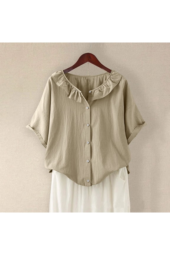 Ofertas Del Dia De Hoy Relampago Linen Shirts Women Button Down Summer Fashion Tops Dressy Casual Work Blouses Half Sleeve Crewneck Ruffle T-Shirt Women Clothing Under 10.