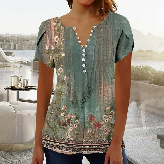 Xdegoge Ofertas Del Dia De Hoy Relampago Summer Tops for Women 2025 Dressy Casual V Neck Short Sleeve Shirts Trendy Button Down T Shirt Tunic Cute Blouses Pullover Floral Print Going Out Tops