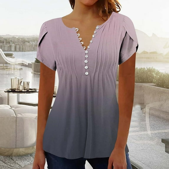 Xdegoge Ofertas Del Dia De Hoy Relampago Summer Tops for Women 2025 Dressy Casual V Neck Short Sleeve Shirts Trendy Button Down T Shirt Tunic Cute Blouses Pullover Floral Print Going Out Tops