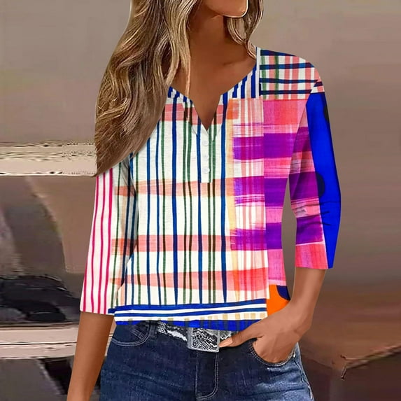 Xdegoge Ofertas Del Dia De Hoy Relampago Women'S 3/4 Sleeve Tops Floral V Neck T Shirts Going Out Trendy Summer Tops 2025 Dressy Casual Blouses Soft Comfy Basic Tees Of The Week