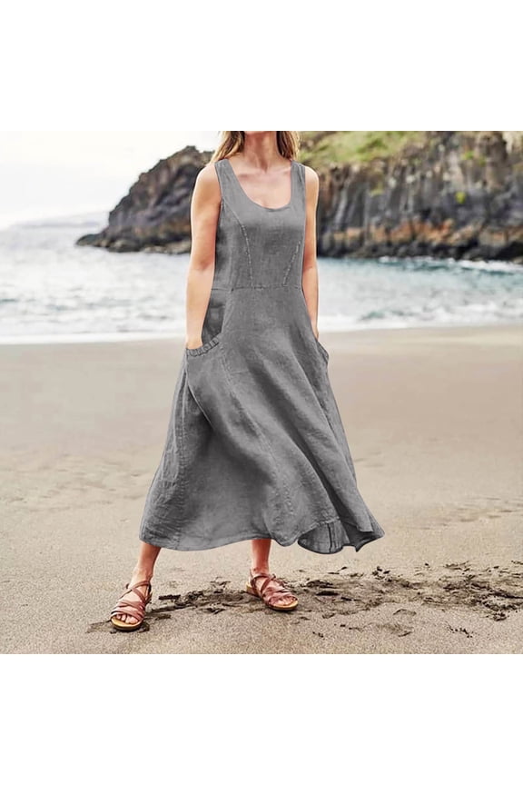 Ofertas En Linen Dress for Women Summer Casual Tank Dresses Sleeveless Crewneck Maxi Sun Dress Flowy Vacation Beach Sundresses with Pockets