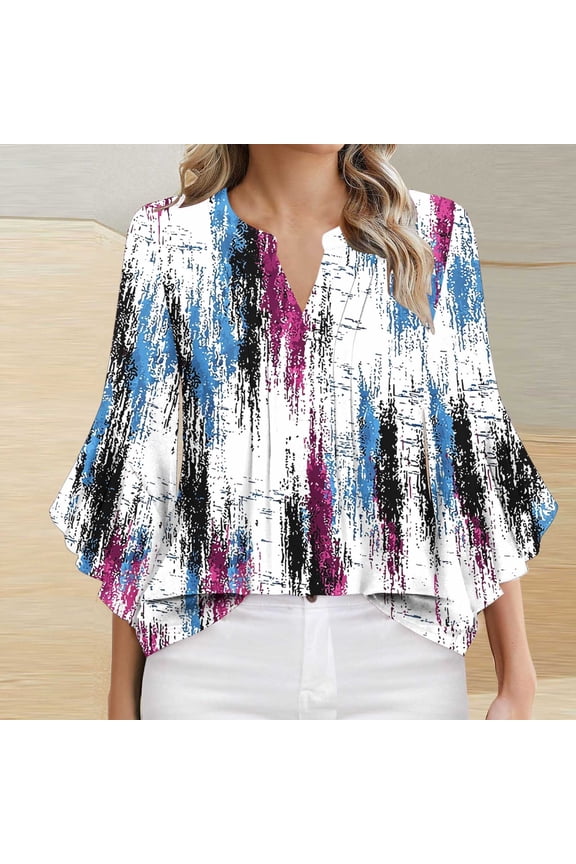 Ofertas En Ladies Tops 3/4 Sleeve Floral V Neck T Shirts Summer Tunic Ladies Tops Elegant Dressy Casual Blouses Fashion Going Out Tops Ropa Mujer