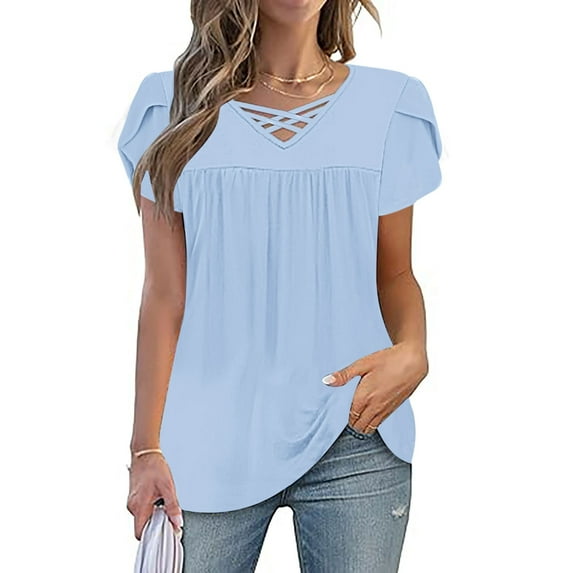 Xdegoge Ofertas En Shirts for Women Short Sleeve V Neck Tops Pleated Summer Fashion Tunic Shirts Loose Fit Dressy Casual Blouses Workout Y2K Plus Size BlUSAs De Mujer En Oferta
