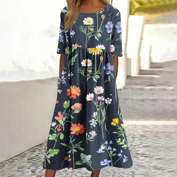 Xdegoge Ofertas En Summer Dresses for Women 2025 Vacation Half Sleeve Fashion Casual Floral Dress Flowy A Line Maxi Dress Crew Neck Boho Beach Sundress with Pockets