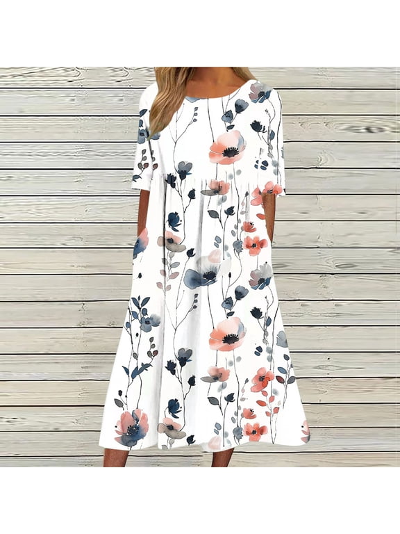 Ofertas En Sun Dresses for Women 2025 Vacation Casual Short Sleeve Summer Maxi Dresses V Neck Eyelet Floral Sundresses Loose Boho Fashion Beach Dresses with Pockets