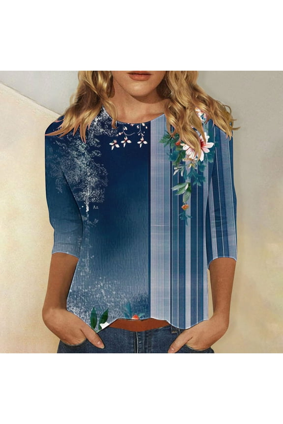 Ofertas Relampago De Hoy 3/4 Length Sleeve Womens Tops Crewneck Oversized Summer Shirts Casual Oversized T Shirt Dressy Work Blouses Solid Color Trendy Going Out Tops Tunic Fit Tees