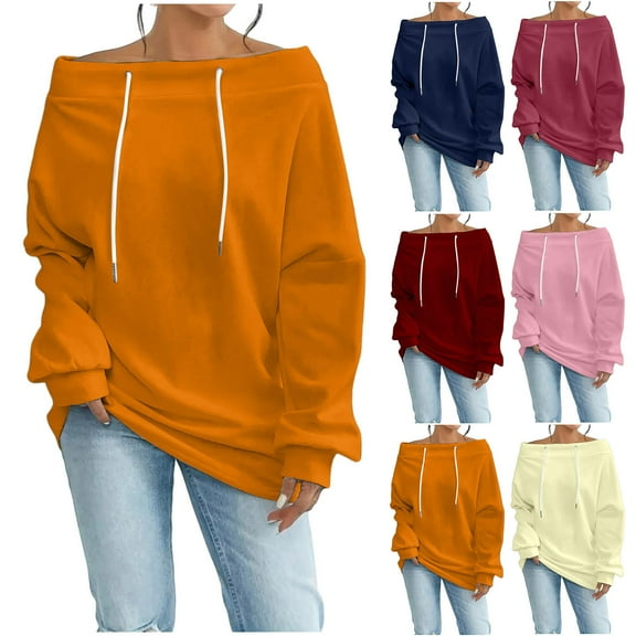 Xdegoge Off The Shoulder Sweatshirt for Women Trendy Oversized Cute Pullover Sweatshirts No Hood Drawstring Fall Travel Dressy Casual Tops