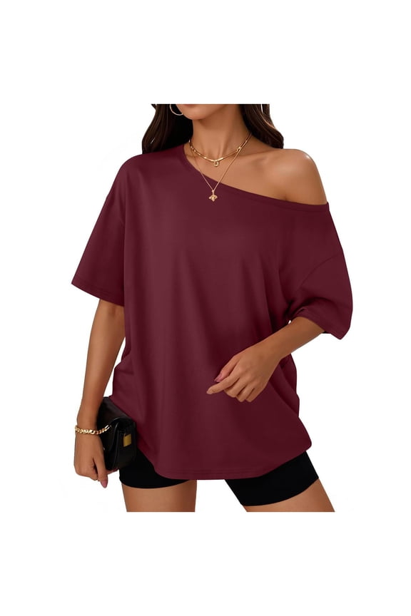 Off The Shoulder Tops for Women Plus Size Short Sleeve Summer Basic Loose Fit Tees Solid Flowy Fashion Going Out Oversized Tunic Blouse
