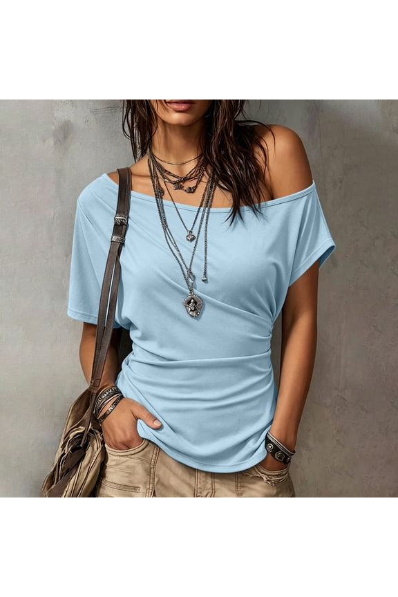 Off The Shoulder Tops for Women Short Sleeve Soft Stretchy Ruched Wrap Trendy Blouses Casual Slim Fit Travel Going Out T Shirts