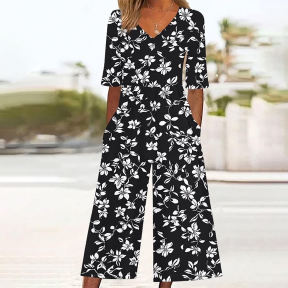 Xdegoge One Piece Jumpsuits for Women Boho Floral Print Short Sleeve V Neck Summer Jumpers with Pockets Wide Leg Loose Dressy Casual Rompers Fashion Overalls Plus Size Previous