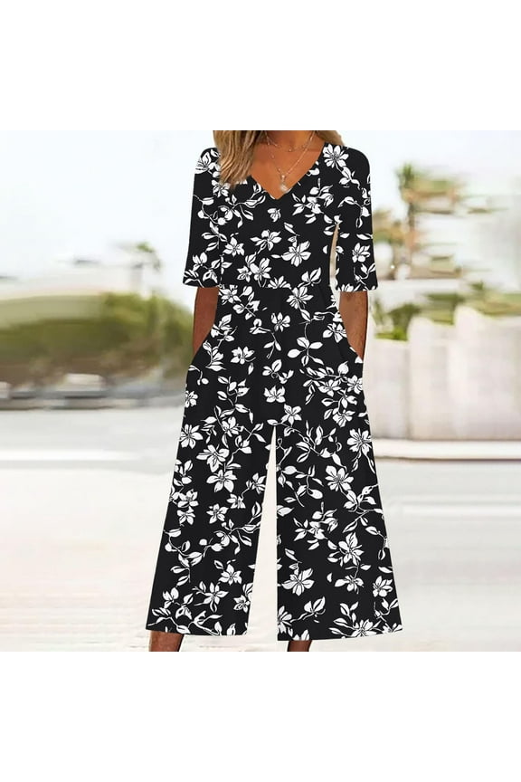 One Piece Jumpsuits for Women Boho Floral Print Short Sleeve V Neck Summer Jumpers with Pockets Wide Leg Loose Dressy Casual Rompers Fashion Overalls Plus Size Previous