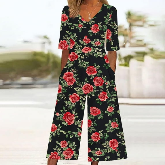 Xdegoge One Piece Jumpsuits for Women Boho Floral Print Short Sleeve V Neck Summer Jumpers with Pockets Wide Leg Loose Dressy Casual Rompers Fashion Overalls Plus Size