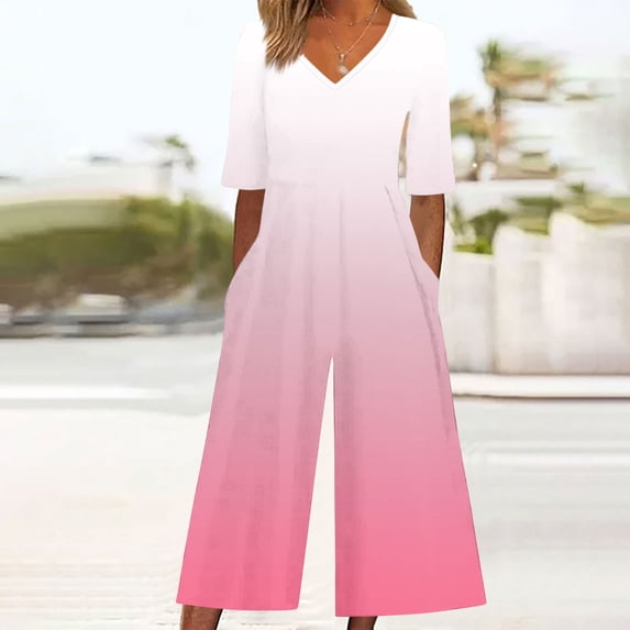 Xdegoge One Piece Jumpsuits for Women Short Sleeve V Neck Jumpsuit Fashion Ombré Outfits Solid Color Elegant Casual Summer Rompers with Pockets