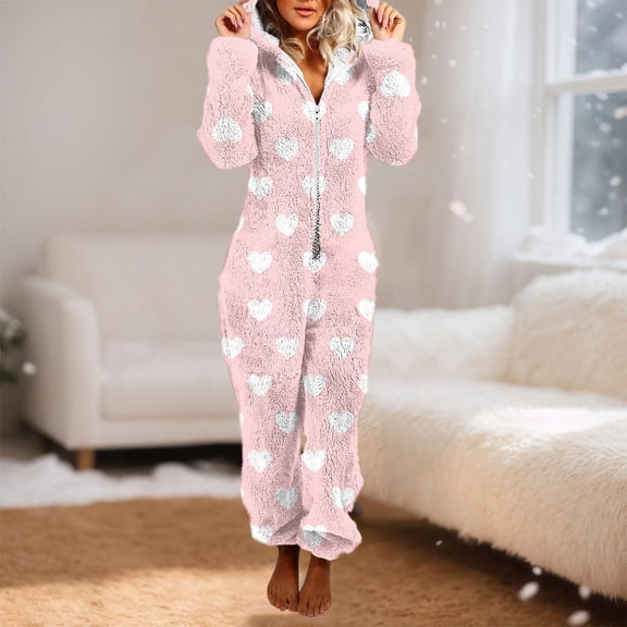 Xdegoge One Piece Pajamas for Women Cute Heart Print Fuzzy Fleece Hooded Jumpsuits Winter Long Sleeve Zipper Onesies Soft Comfy Loungewear Pjs Trendy Outfits