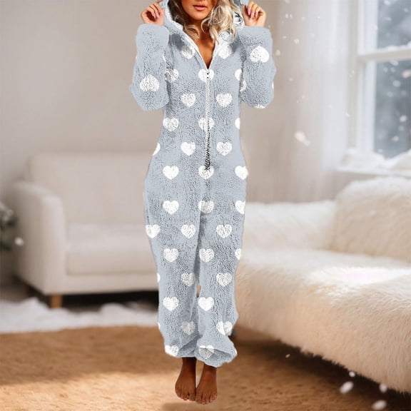 Xdegoge One Piece Pajamas for Women Cute Heart Print Fuzzy Fleece Hooded Jumpsuits Winter Long Sleeve Zipper Onesies Soft Comfy Loungewear Pjs Trendy Outfits