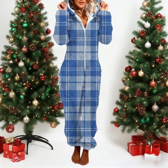Xdegoge One Piece Pajamas for Women Loose Plaid Long Sleeve Fleece Zip Up Onesies Lounge Sleepwear Fuzzy Winter Warm Romper Hooded Cozy Jumpsuits Y2K Fashion Outfits