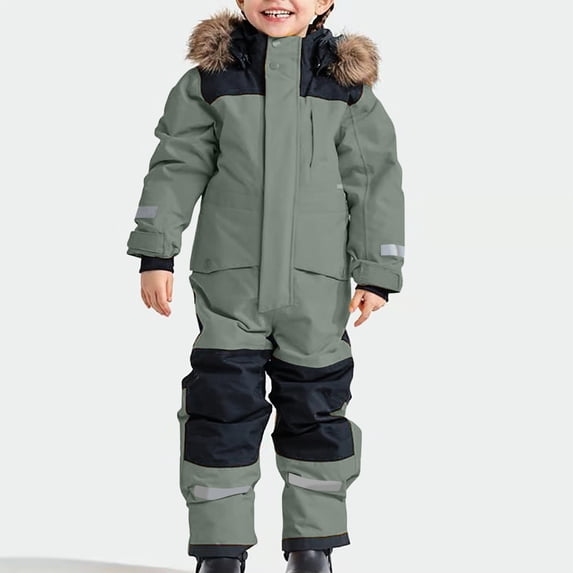 Xdegoge One Piece Snow Suit Kids Boys Girls Waterproof Windproof Hooded Jumpsuit With Faux Fur Trim And Reflective Details Outdoor Winter Toddler Ski Suit