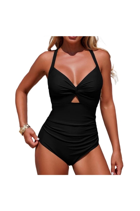 One Piece Swimsuit for Women, Knot Front Cut Out with Shirred Waist, Push Up Effect and Tummy Control, Bathing Suit Beach Swim Suit with Padding