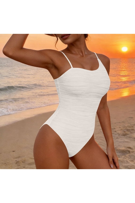 One Piece Swimsuit Women Tummy Control One Piece Scoop Neck Crinkle Textured High Cut Bathing Suits Athletic Swimming Summer Vacation Beachwear