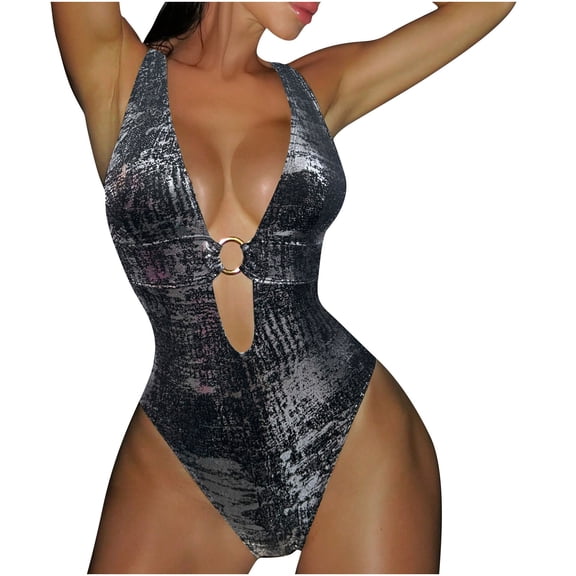Xdegoge One Piece Swimsuit for Women, Deep V Neck with Ring Cut Out, Metallic Print, High Slit, Bathing Suit Beach, Vacation