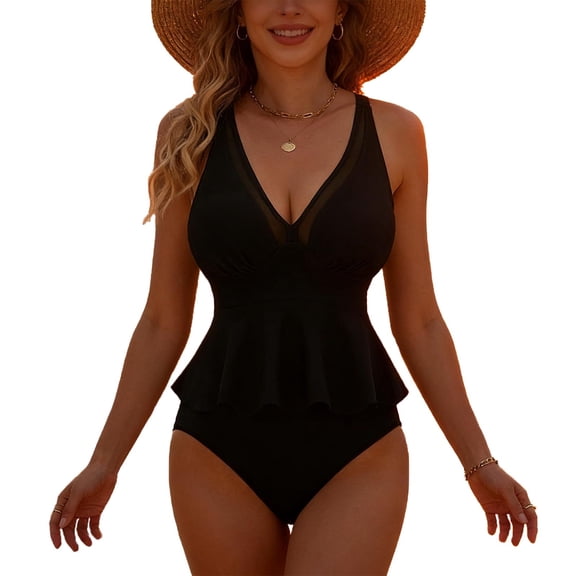 Xdegoge One Piece Swimsuit for Women, High Waisted V Neck Ruffle Peplum Swimwear with Tummy Control, Full Coverage Beach Bathing Suit Summer Vacation