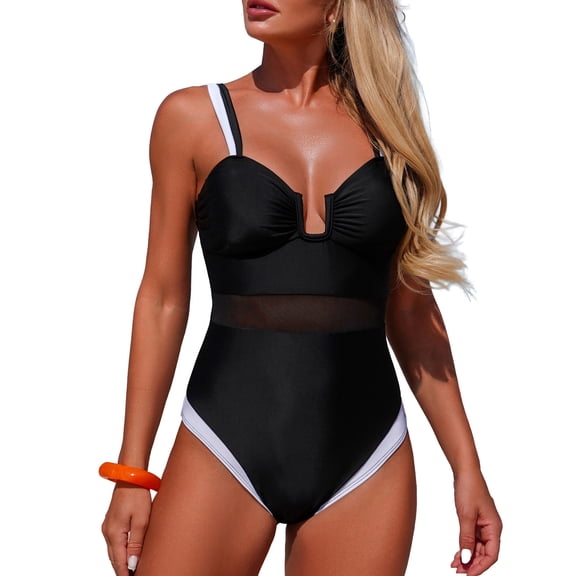 Xdegoge One Piece Swimsuit for Women, Mesh Insert Midriff Cut Out, Deep V Neck with Underwire Support, Tummy Control Bathing Suit Swimming
