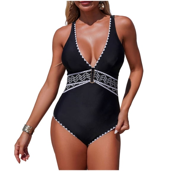 Xdegoge One Piece Swimsuit for Women, Tribal Print Belted Waist, Deep V Neck Halter, Full Coverage Tummy Control Swimwear Beach, Holiday