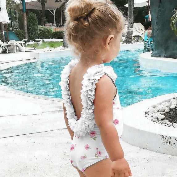 Xdegoge One Piece Swimsuits for Toddler Girls Backless Floral Ruffle Daisy Print Quick Dry Stretchy Swimwear Beach Pool Party Summer Holiday Bathing Suit White 18 Months