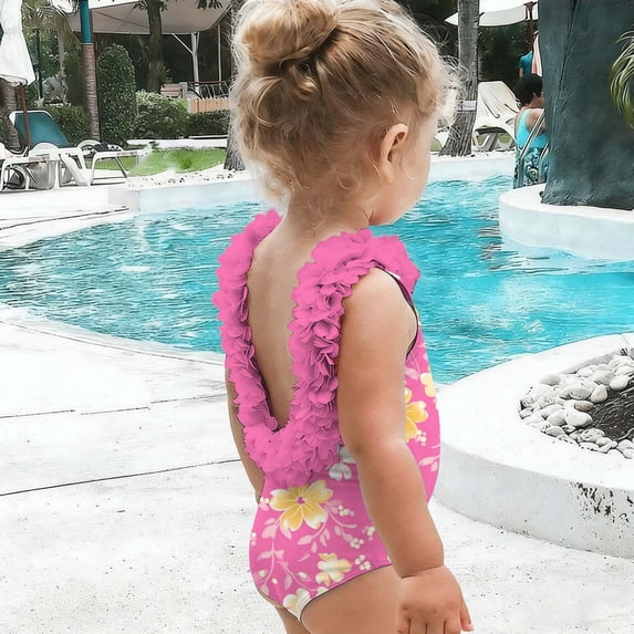 Xdegoge One Piece Swimsuits for Toddler Girls Backless Floral Ruffle Print Bathing Suit Quick Dry Stretchy Swimwear Beach Vacation Pool Party Summer Pink 2 Years