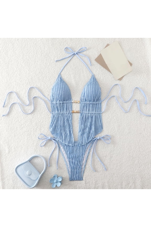 One Piece Swimsuits for Women Halter Plunge V Neck High Cut Bottom Monokini Bathing Suits Crinkle Texture Cut out Metal Details Flattering Pool Party