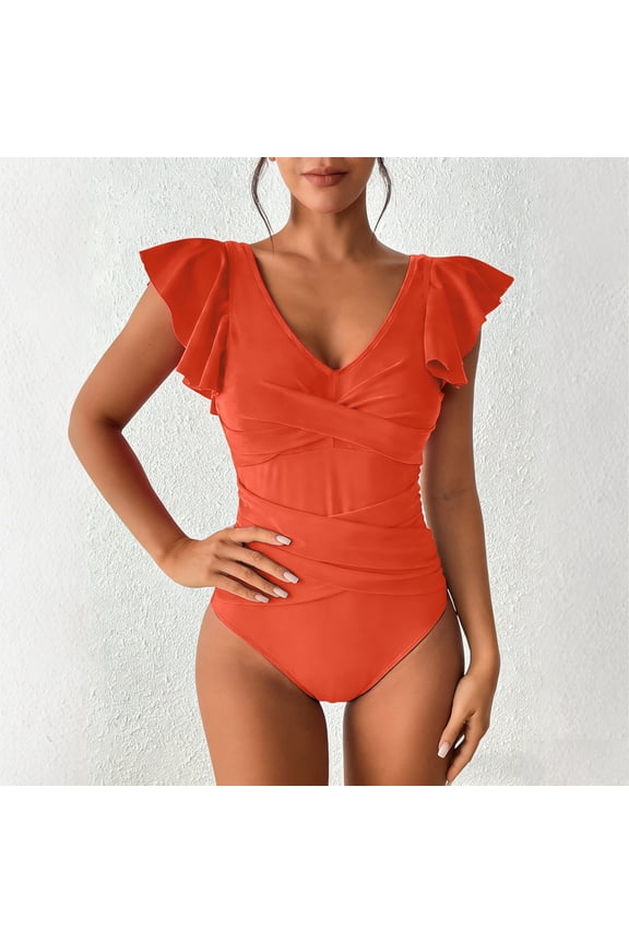 One Piece Swimsuits for Women V Neck Ruffle Flutter Sleeve Ruched Tummy Control Monokini Bathing Suits Wrap Front Solid Flattering Summer Cruise